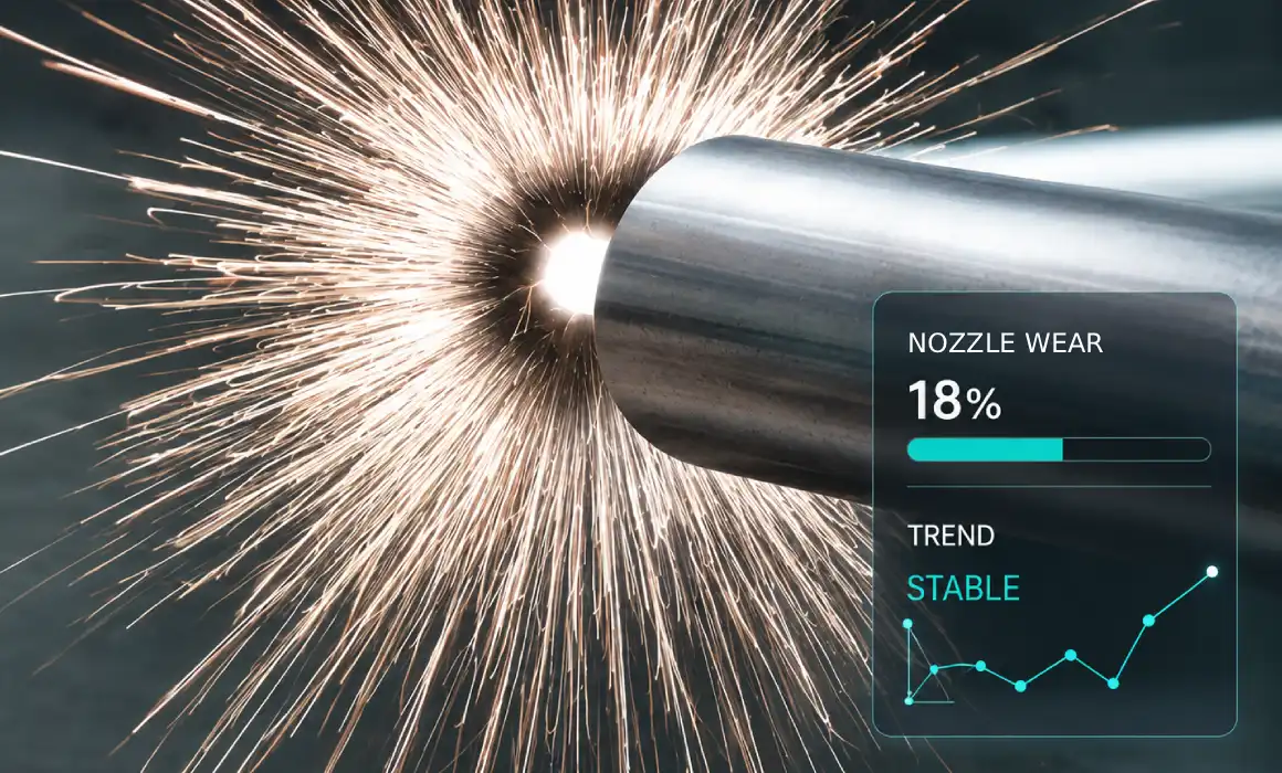 Cold spray nozzle throwing sparks, with a nozzle wear reading of 18% and a stable trend