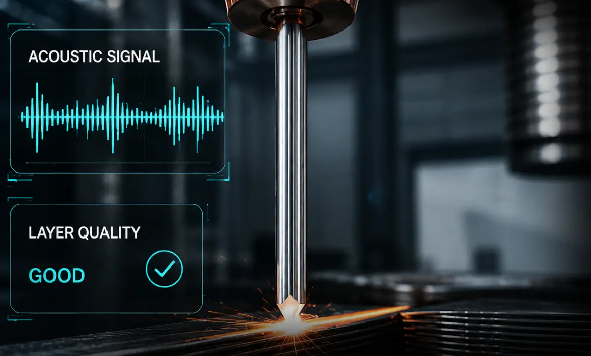 DED deposition head building a part layer by layer, with an acoustic signal trace and a Layer quality: good reading
