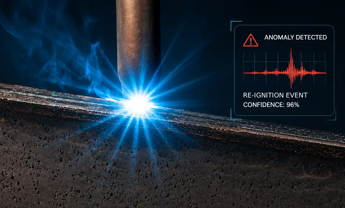 WAAM torch depositing a weld bead, with an on-screen alert reading Anomaly detected: re-ignition event, 96% confidence